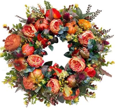 China Europe Factory Direct Wholesale Peony Ring Pumpkin Wreath Front Entrance Drop Thanksgiving Wreath for sale