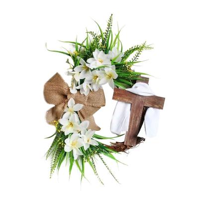 China Wholesale Fabric Easter Cross Wreaths With Bow Rattan Ring Garlands Hanging Internal Front Door Wall Garden Decorative Decorations for sale