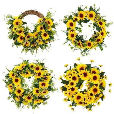 China 2023 Hot Artificial Silk Sunflower Mini Twine Fabric Silk Rattan Garland Sun Flower Hanging Wreath for sale