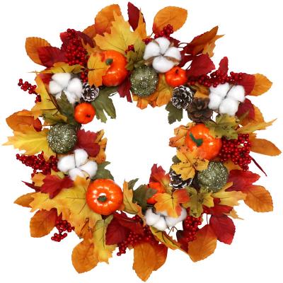 China Fall Realistic Looking Wreath For Front Door Outside 18inch Maple Leaf Wreath Orange Harvest Handmade Garland Decor for sale