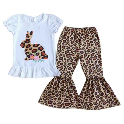 China Easter Day Toddler Babies Rabbit Formal Clothes Print Short Sleeve With Leopard Print Cloche-Based 2 Pieces Fashion Outfits Girl for sale