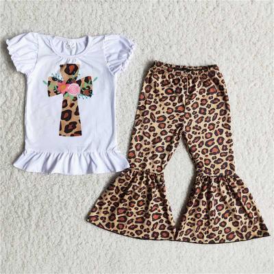 China Toddler Formal Babies Day Easter Crossover Clothes Print Short Sleeve Top With Leopard Print Cloche-Based 2 Piece Fashion Outfits Girl for sale