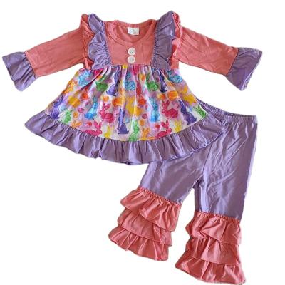 China Formal Easter Day Toddler Babies Clothes Rabbit Print Long Sleeve Tops Along With Pink Purple Lace Long Pants 2 Pieces Fashion Outfits Girl for sale