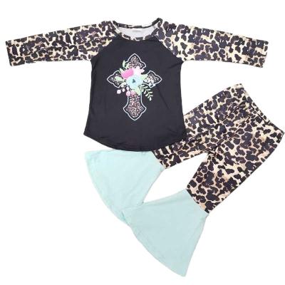 China Easter Day Toddler Babies Formal Pink Clothes Cross Print Long Sleeve Top With Leopard Long Pants 2 Pieces Fashion Outfits Girl for sale