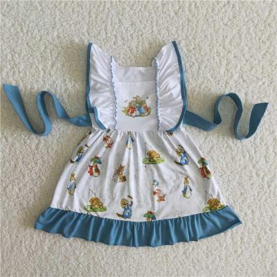 China New Style Easter Formal Day Baby Wear Fashion Dresses Rabbit Printing Sleeveless Blue Toddler Girl Casual Wear Dresses for sale