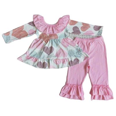 China Formal baby clothes valentine's day love top skirt pink ruffled two-piece pants kids dress set girls boutique outfits for sale