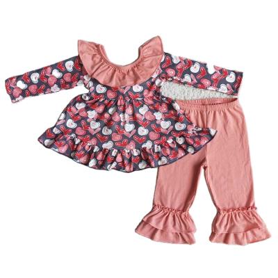 China Formal baby clothes Valentine's Day love top dress pink ruffle pants kids dress set girls two-piece boutique outfits for sale