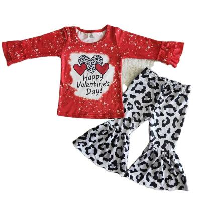 China Formal Baby Clothes Red Long Sleeve Pants Children's Red Long Sleeve Bell Bottom Print Valentine's Day Love Leopard Two-Piece Clothing Set for sale