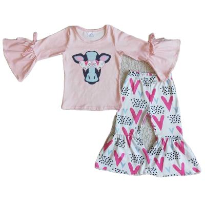 China Formal Baby Clothes Love Heart Long Sleeve Valentine's Day Pink Bull Bell Bottom Pants Kids Clothing Set Two Piece Set for sale