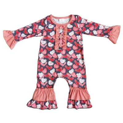 China New Arrival Valentine's Day Toddler Formal Baby Girls Clothes 2T Red Heart Print Long Sleeve Lace Romper 0-3M for sale