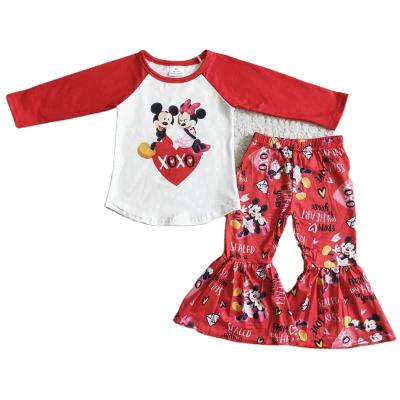 China Two-Piece Boutique Outfits Girls Valentine's Day Dressing Set Mickey Long Sleeve Bell Bottom Formal Red Pants Kids for sale