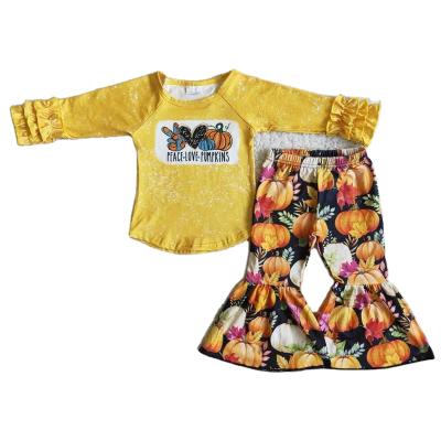 China Vintage RTS Autumn Kids Apparel Yellow Bleach Design Ruffles Long Sleeve Peace Love Pumpkin Match Floral Bell-bottom Sets Kids Apparel for sale