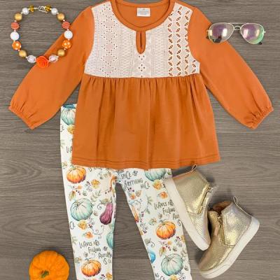 China Formal Custom Design Little Girl Halloween Teams Kids Autumn Pumpkin Prints Clothing Set Kids Holidays Customize for sale