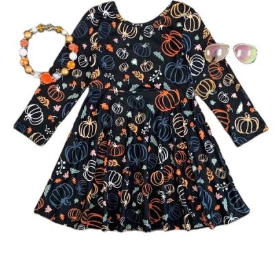 China Breathable Print Pumpkin Long Sleeve Clothing Boutique Halloween Kids Girl Fashion Silk Dress for sale