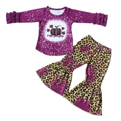 China Kids Halloween Clothes Pumpkin Design Top Pants and Leopard Print Bell Bottoms Baby Fashion Formal Set for sale