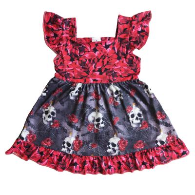 China Kids Halloween Formal Wear Float Sleeve Skull And Flower Print Milk Silk Girl Dress Lovely for sale