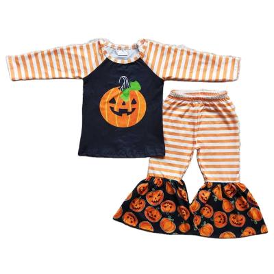 China Wholesale RTS Vintage Halloween Baby Clothes Striped Orange Pumpkin Costume Two Piece Teenager Clothing Set Kid Clothing Outfits for sale