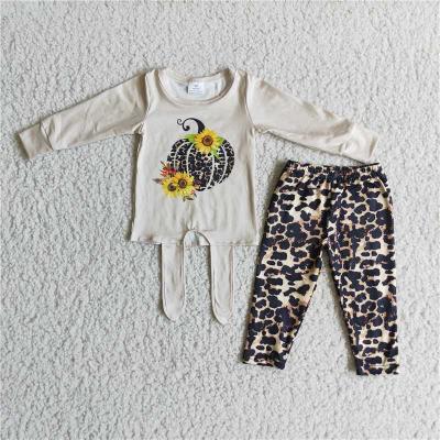 China Formal Girls Clothes White Long Sleeve Top With Pumpkin Print Pants And Leopard Halloween Outfit for sale