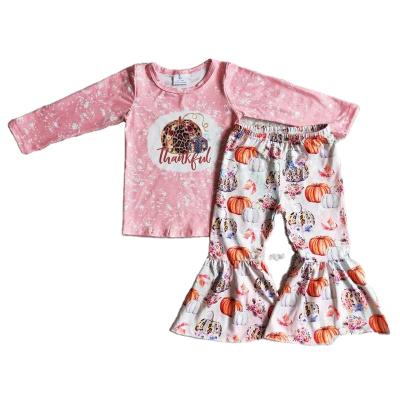 China Fall Formal Wear For Kids Pink Long Sleeve Top And Bell Bottom Pants With Pumpkin Print Halloween Set for sale