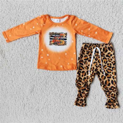 China Girls Formal Fall Clothes Orange Pumpkin Long Sleeve Tops And Leopard Print Pant Suit for sale