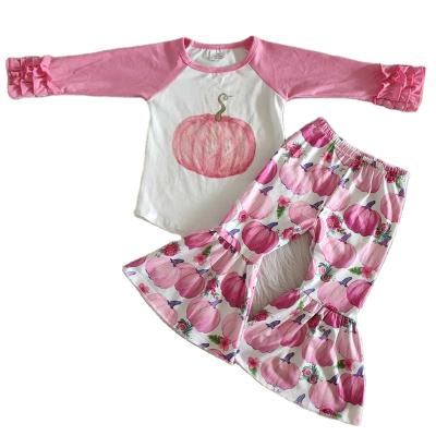 China Formal Halloween Outfits For Little Girls Pink Long Sleeve With Pumpkin Print And Bell Bottom Set for sale