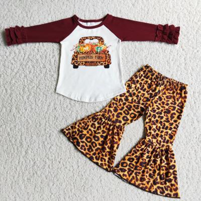 China Formal Girls Outfits Long Sleeve With Pumpkin Carriage Print And Bell Bottom Leopard Pants 2 Pieces Of Boutique Outfits for sale