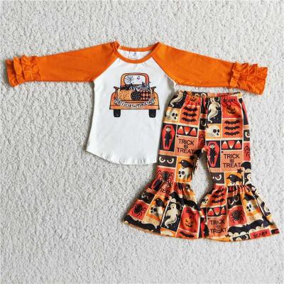 China Little Girls Formal Wear Orange Long Sleeve With Pumpkin Wagon Print And Bell Bottom Pants Set for sale