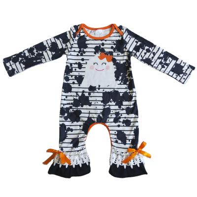 China Wholesale Halloween Babies Romper Ghost Black Tie Breathable Dye Striped Clothing Newborn Infant Kids Ruffles Overalls Kids Clothes for sale