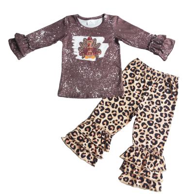 China Wholesale Casual Autumn Winter Babies Thanksgiving Fashion Clothing Turkey Tie Dye Shirt Leopard Ruffle Pants Sets Kid Outfit Clothes for sale