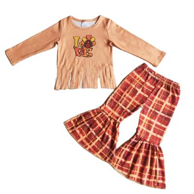 China Wholesale Casual Autumn Winter Baby Thanksgiving Fashion Clothing Love Turkey Tassel Shirt Plaid Bells Pants Set Kid Outfit Clothes for sale