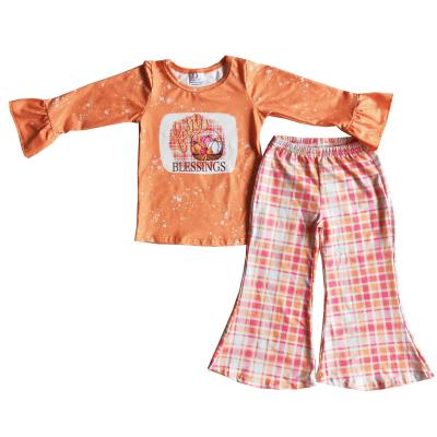 China Wholesale Casual Orange Pumpkin Ruffle Clothing Thanksgiving Baby Winter Autumn Plaid Colorful Bells Pants Set Kid Outfit Clothes for sale