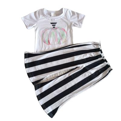 China Wholesale Casual Babies Thanksgiving Clothes Pumpkin Shirt White Stripe Bell-Based Pants Outfit Autumn Kids Infant Clothing for sale