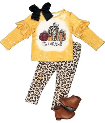 China Hot Sale Fashion Casual Thanksgivin Baby Clothing Yellow Sleeves Pumpkin Shirt Leopard Ripped Pants Toddler Set Kid Outfit Clothes for sale