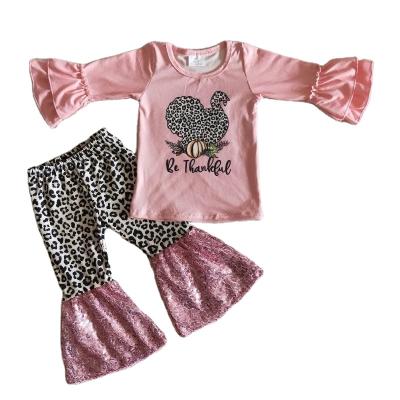 China Wholesale Casual RTS Thanksgiving Turkey Teams Baby Kids Baby Kids Pink Leopard Ruffle Shirt Sequins Bells Pants Fall Winter Sets for sale