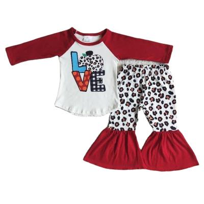 China Wholesale Casual Clothing Baby Thanksgiving Long Sleeve RTS Sleeve Love Pumpkin Shirt Leopard Red Bells Pants Set Kid Outfit Clothes for sale