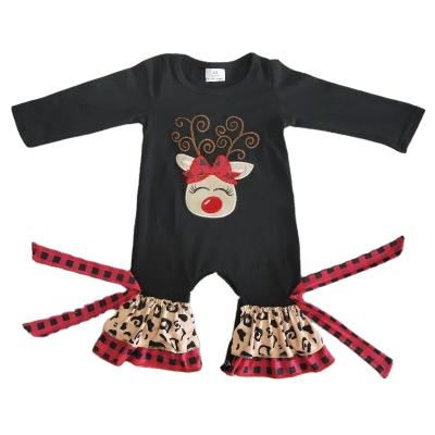 China Wholesale Breathable Baby Boutique Embroidery Reindeer Newborn Kids Christmas Black Sleeves Infant Pajamas Clothes Bowknot Romper for sale