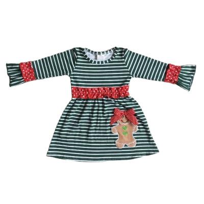 China Wholesale RTS Infant Christmas Baby Clothes Autumn Winter Washable Embroidery Gingerbread Children Green Striped Dress Clothes for sale