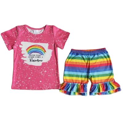 China Fashion Summer New Arrivals Formal Boutique Pink Rainbow With Colors Stripe Printing Shorts Pants Cute Teen Girls Kids Outfit 2pcs Sets for sale