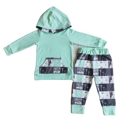 China Formal Baby Boy Clothes 2 Piece Boy Boutique Outfits Lake Green Hooded Sweatshirt for sale