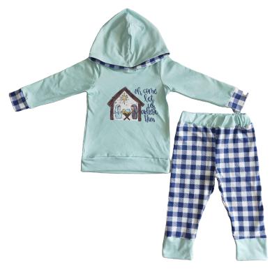 China Girls Formal Boutique Outfits Blue Long Sleeve Hooded Top With Person Print And Plaid Pants 2 Piece Set for sale