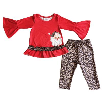 China Girls Formal Boutique Outfits Red Long Sleeve With Santa Pattern And Leopard Print Pants Set for sale