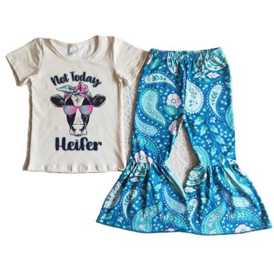 China Vintage RTS Infants Kids Bell Bottom Pants Outfits Girl Clothes Sets Children To Heifer Tee Shirt Wholesale Early Cow Short for sale