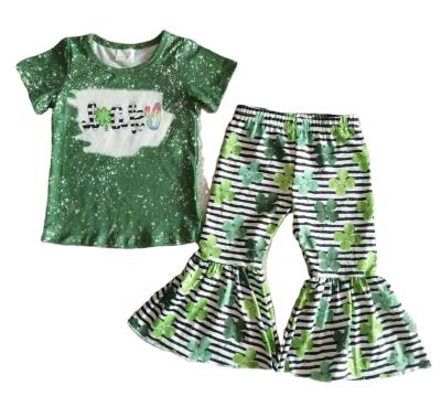 China Babies Formal Clothes Short Sleeve Four Leaf Clover Pattern Top With Green Bell-Based Pants Baby Fashion Outfits for sale