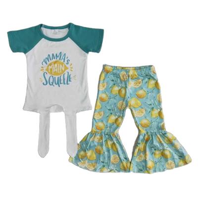 China Boutique Formal Wholesale Babies Clothes Mum Short Sleeve Letter Top With Green Lemon Bell-Based Pants Baby Fashion Outfits for sale