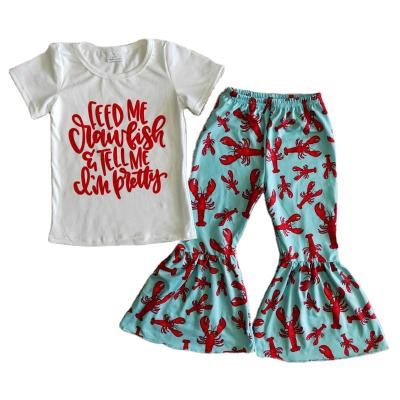 China Baby Girl Formal Wear Boutique Short Sleeve Lobster Top With Blue Lobster Print Bell-Based Long Pants Pants 2 Piece Girl Set for sale