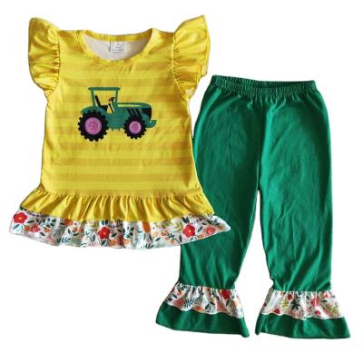 China Boutique Formal Wholesale Babies Clothes Short Sleeve Car Yellow Top With Green Long Pants Lace Up Baby Fashion Outfits for sale