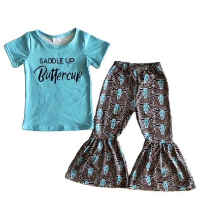 China Baby Formal Wear Boutique Short Sleeve Letter Blue Top Leopard With Cattle Head Bell-Based Long Pants Pants 2 Piece Girl Set for sale