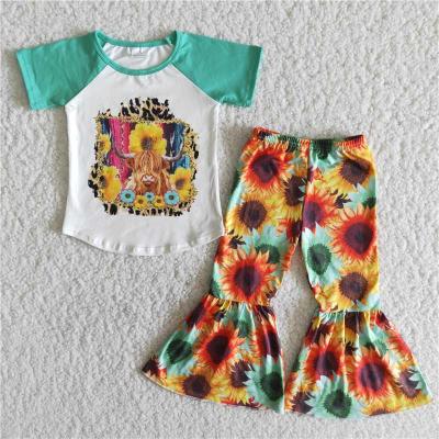 China Formal Babies Clothes Short Sleeve Cow Head With Sunflowers Top With Print Green Bell-Based Pants Baby Fashion Outfits for sale