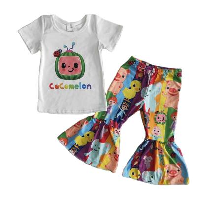 China Formal White Short Sleeve Cartoon Flared Pants Girls Two Piece Summer Children Clothing Set for sale