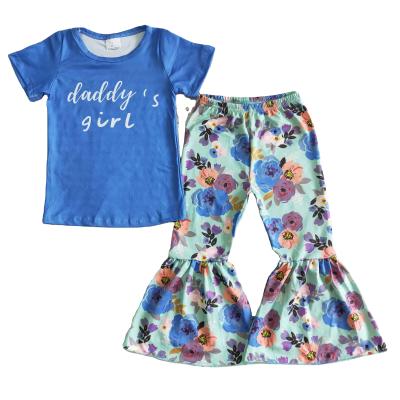 China Formal Girl Clothes Sets Boutique Outfits Blue Printed Short Sleeve With Pant Suit for sale